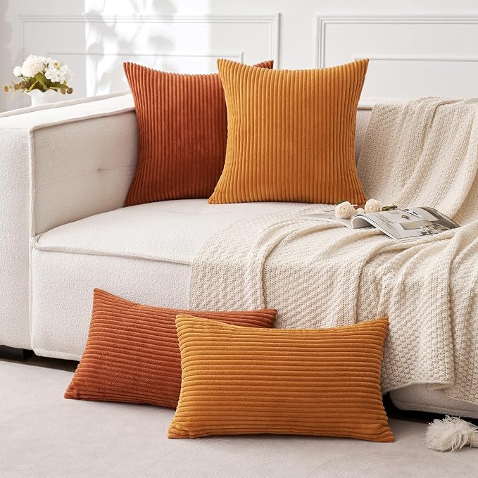 MIULEE Fall Euro Corduroy Throw Pillow Covers Set of 2 24x24 Burnt Orange | Decorative Striped Textured Cushion Cases, Boho Rustic Square Pillowcases, Home Decor for Couch Chair Sofa Bed Living Room