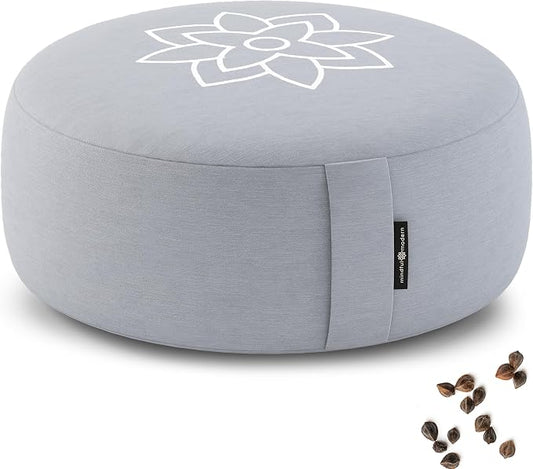 Mindful & Modern Large Meditation Cushion for Zafu Yoga - Meditation Pillow for Sitting on the Floor - Buckwheat Hull Filled Yoga Cushion with Removable, Washable 100% Cotton Cover and Carry Handle