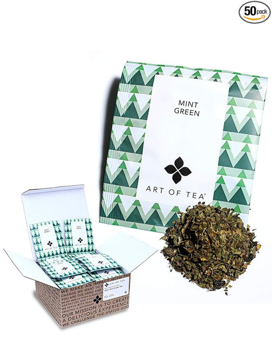 Art of Tea Organic Mint Green Tea Bags, 50 Count Premium Pyramid Sachets, Refreshing Green Tea with Peppermint & Spearmint, Smooth Caffeinated Tea for Hot or Iced Tea