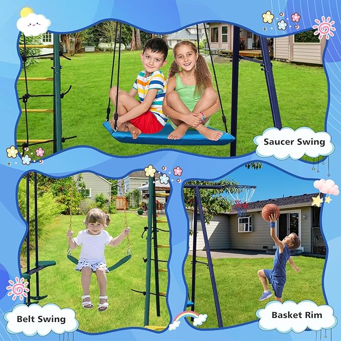 Swing Sets for Backyard, 6 in 1 Outdoor Swing Set, Heavy Duty Metal Swing Stand with Climbing Ladder, Climbing Net, Glider, Hammock Swing, Belt Swing, Basketball Hoop