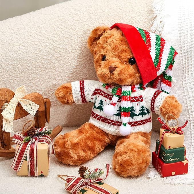 Set of 3 Christmas Bear Clothes Christmas Tree Sweater Hat Scarf Fits 12-16 Inch Bear Stuffed Animal, Stuffed Animal is Not Included(Cute Style)