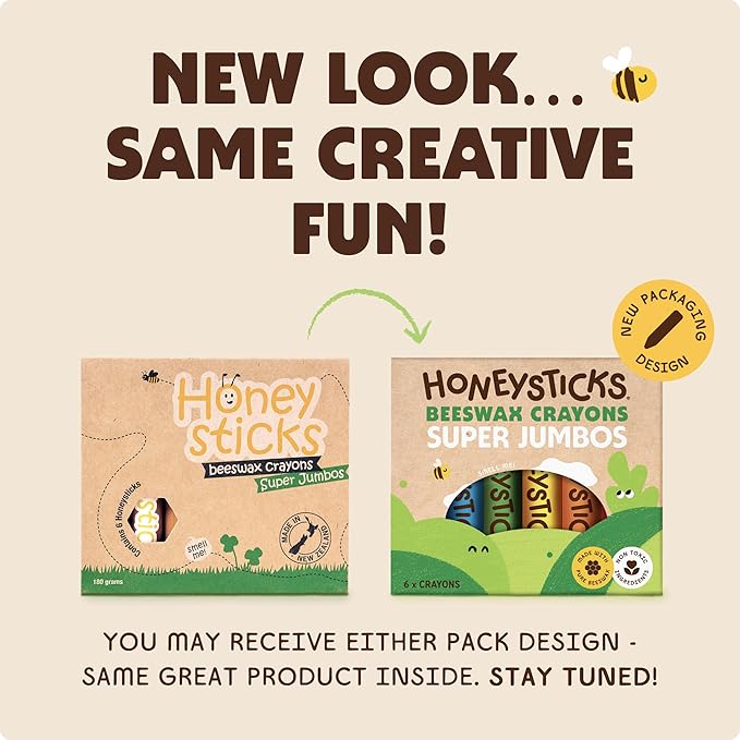 Honeysticks Super Jumbo Crayons (6 Pack) - 100% Pure Beeswax, Non Toxic Crayons for Toddlers 1-3, Extra Large Crayon Size, Easy to Hold and Use, Unbreakable Toddler Crayon, Eco-Friendly
