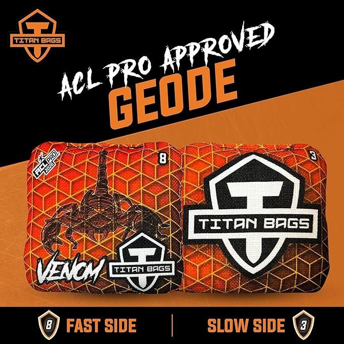 Titan Bags Venom Cornhole Bags - 6" x 6" ACL PRO Approved Cornhole Bean Bags for Tournaments - Versatile & Durable Regulation Cornhole Bags Ideal for Indoor/Outdoor Toss Sports & Games (4 Pack)