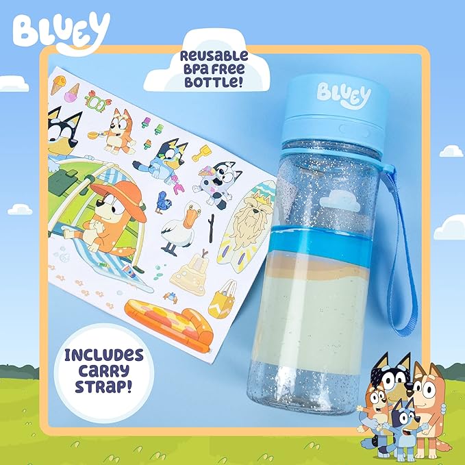 Bluey Decorate Your Own Water Bottle, Repositionable Stickers, Great For Bluey Birthday Parties, Summer Sports, and More, Reusable BPA-Free Water Bottle for Kids Ages 3, 4, 5, 6