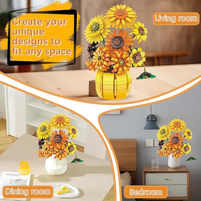 Flowers Sunflower Building Sets for Adults, Van Gogh Prints Art Botanical Collection for Woman Girls 14+, Artificial Pot Bouquet Plants Kits, Home Decor/Christmas/Valentine/Mother's Day Birthday Gifts