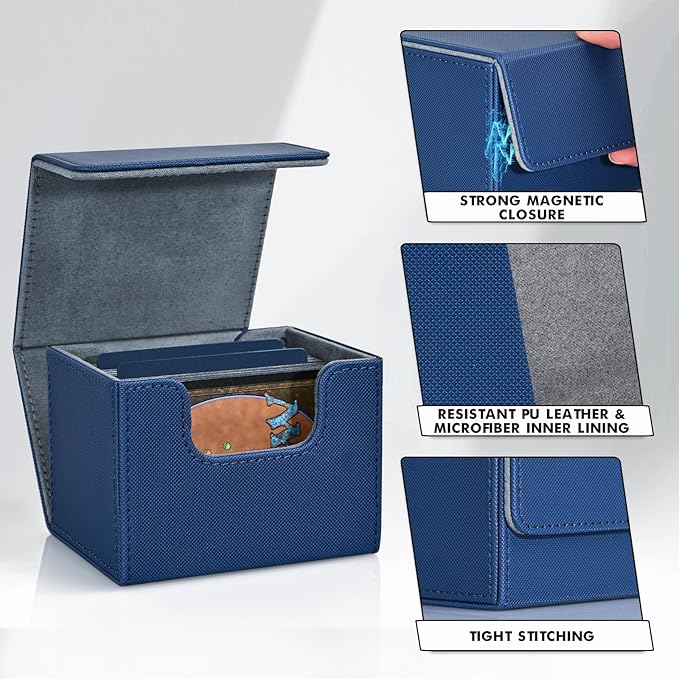 ZLCA Card Deck Box for Trading Cards, MTG Commander Deck Box Holds 120+ Single Sleeved, Leather Magnetic Card Storage Case Fits for TCG CCG Magic (Blue)