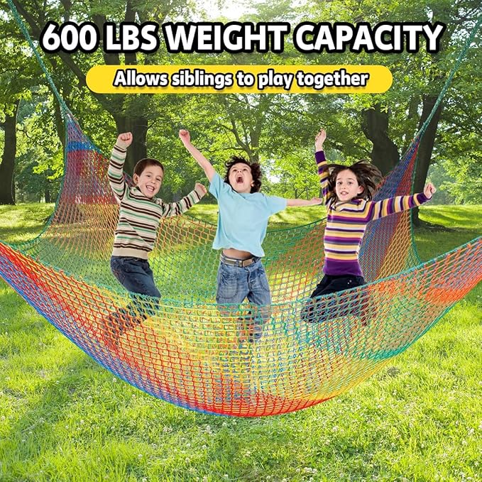 Climbing Net for Kids - 9.9FT x 9.9FT Double Layers Heavy Duty Playground Safety Net, Climbing Cargo Net for Tree House Tree Fort, Back Yard, Jungle Gyms, Monkey Bar Security Mesh（Rainbow）