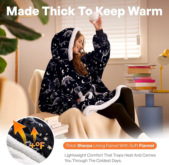 Giggling Getup Wearable Blanket Hoodie for Adults Gifts for Teen Girls Sister Women Sherpa Fleece Printed Hooded Blanket Sweatshirt Warm Cozy with Pocket & Sleeves Black Glowing Dinosaur