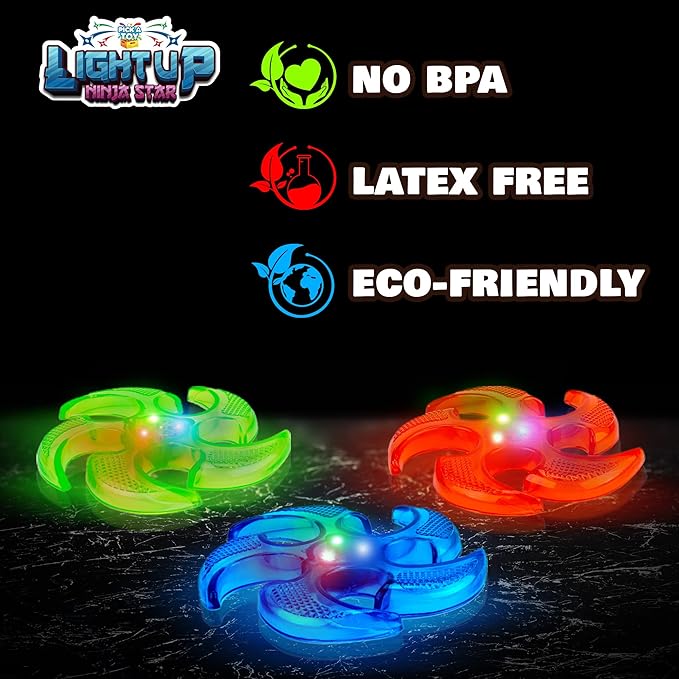 PICK A TOY Light Up Ninja Flyers Set, 3 LED Electronic Stars, Heavy Duty Rubber Throwing Discs, Fun and Interactive Kids Toys for Tossing, Games, and Play, 3 Colors, Includes Gift Box
