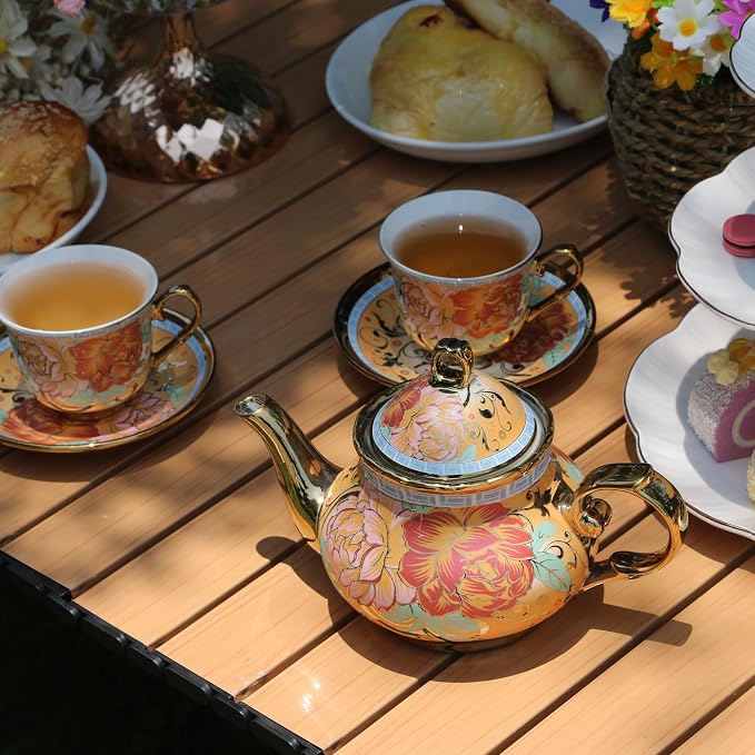 20 Pieces Porcelain Tea Set With Metal Holder, European Ceramic tea set for adults,Flower Tea Set,Tea Set For Women With Flower Painting (Large version, Deep yellow)