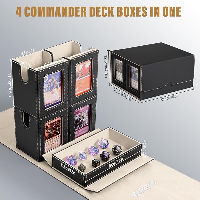Kabinka Card Deck Box for MTG Commander, Holds 400+ Double-Sleeved Cards, 5 IN 1 Detachable Card Case with Dice Tray, Fits Magic/TCG Cards, 4 Magnetic Card Holders & Dividers (Black Gold)
