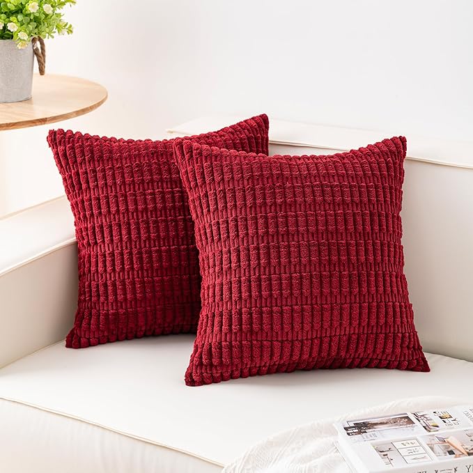 Pack of 2 Corduroy Decorative Throw Pillow Covers 18x18 Inch, Wine Red | Fall Soft Striped Pillow Covers Modern Farmhouse Home Decor Christmas Throw Pillow Covers for Sofa Living Room Couch Bed
