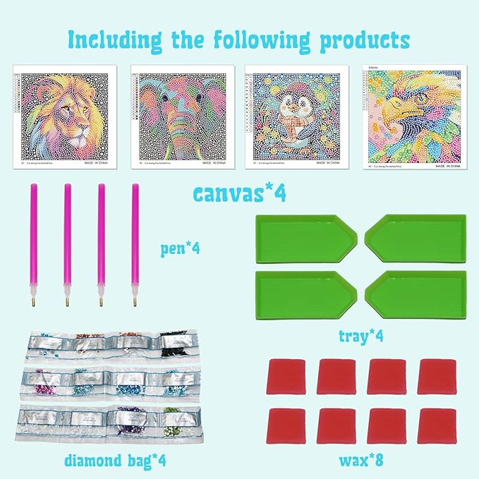 Libfx Diamond Art Kits for Kids 4 PCS Diamond Art for Girls Boys Beginners Arts and Crafts for Kids Ages 8-12 (Lion-Elephant)