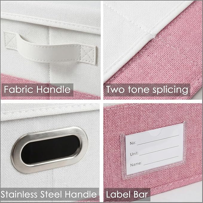 Storage Bins with Lids [3-Pack] Linen Fabric Foldable Storage Boxes Organizer Containers Baskets Cube with Cover for Bedroom Closet Office White&Pink (23.4X15.9X11.4)