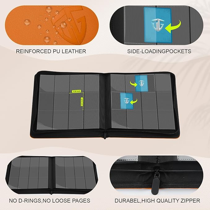 12 Pockets Trading Card Zipper Binder for 720 Cards| Secure Side Loading Pockets | Trading Card Album Folder | Compatible with YuGiOh, MTG (Orange 12)