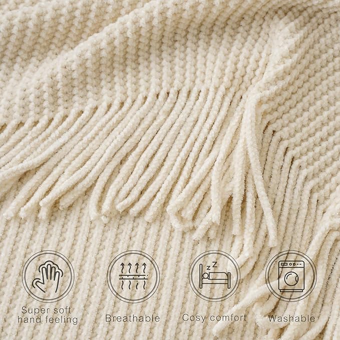 BATTILO HOME Beige Throw Blanket for Couch, 50"x60" | Soft Chenille Knit Blanket with Tassels for Home Decor, Neutral Beige Throws for Couch Cover