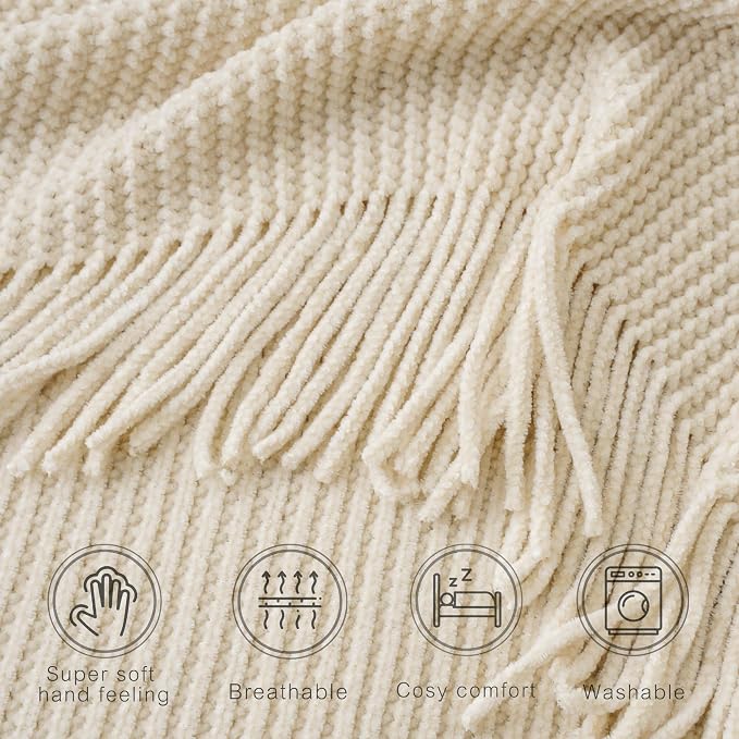 BATTILO HOME Beige Throw Blanket for Couch, Soft Chenille Knit Throws with Tassels for Home Decor, White Cream Throws for Bed Couch Cover, 60"x80"