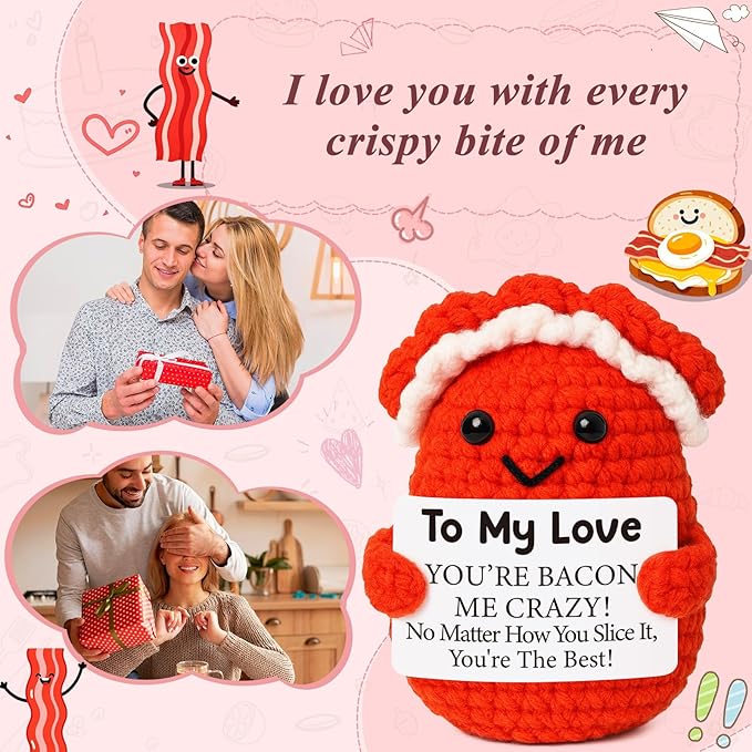 Mini Anniversary I Love You Gifts for Men Women Husband Boyfriend Girlfriend Wife to My Love Handmade Crochet Bacon for Birthday Valentines Wedding Anniversary for Him Her Couples