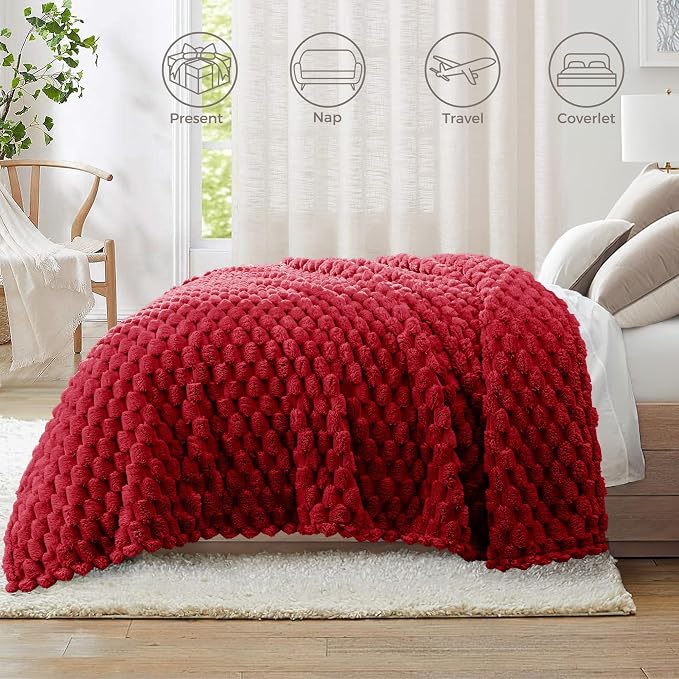 Whale Flotilla Soft Fleece King Size Bed Blanket Luxury 3D Jacquard, Red | Lightweight Breathable Coverlet Bedspread for All Seasons, Super Cozy Plush Fluffy Fuzzy Decorative Blanket for Bed, 90"x104"