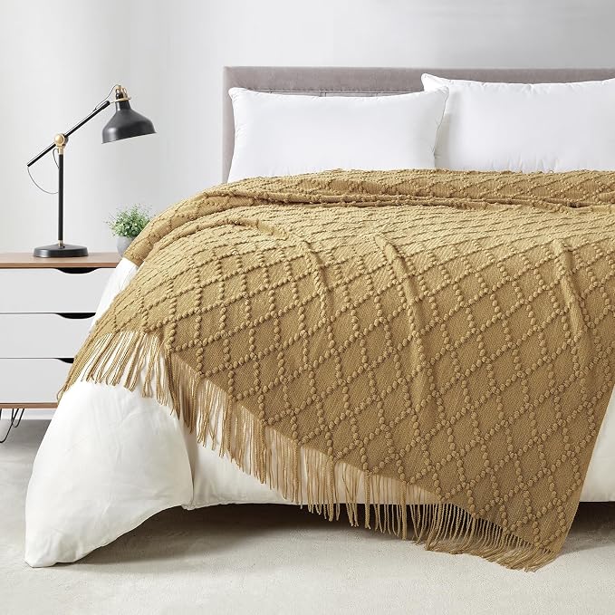 BOURINA Mustard Throw Blanket 50 x70 Inch Jacquard Throw Knitted Blanket | Jacquard Argyle Throw Textured Solid Soft Throws and Blankets for Sofa or Bed Knitted Decorative Blanket