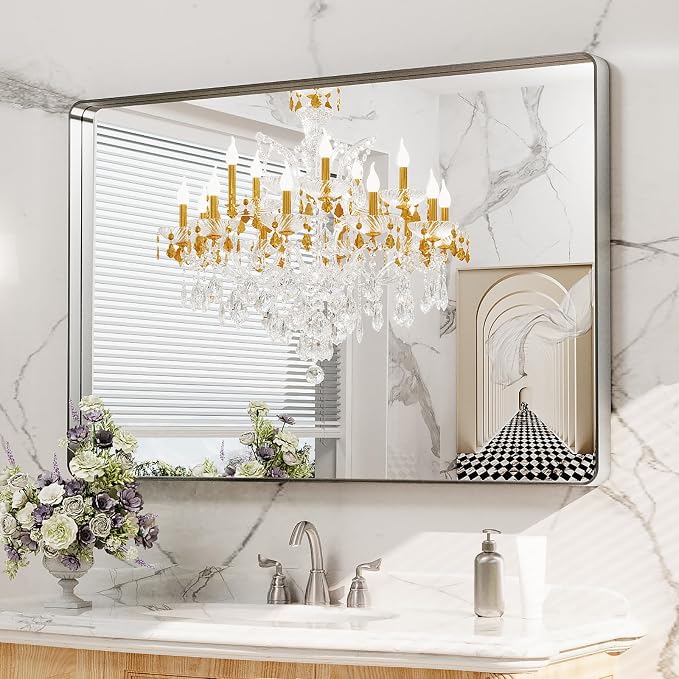 LOAAO 48X32 Inch Brushed Nickel Bathroom Mirror | Rounded Rectangle, Silver Metal Frame, Anti-Rust, Tempered Glass, Hangs Horizontally or Vertically