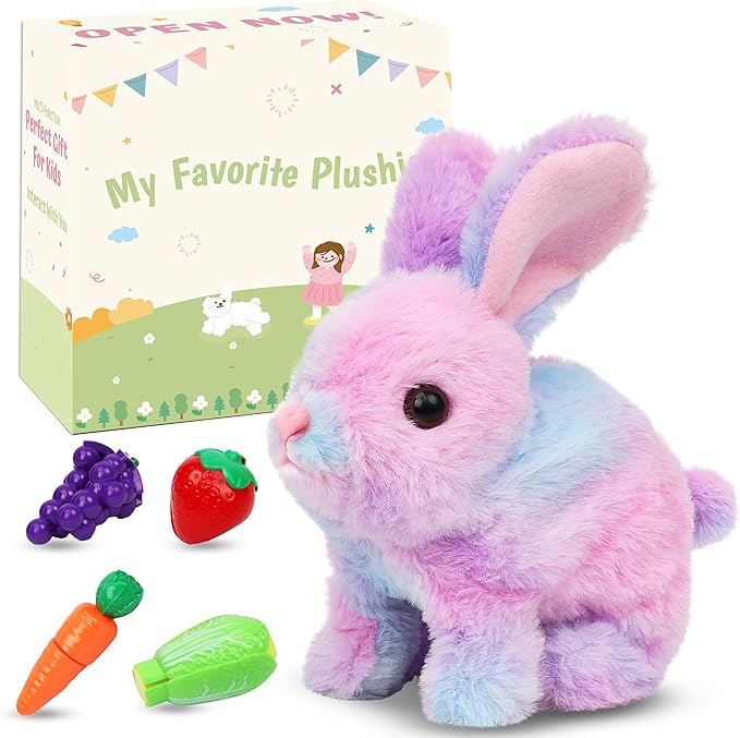 Easfan Hopping Bunny Toys Interactive Pet Plush Bunny with Sounds and Movements Ears Moving Educational Plush Toy Easter Birthday Gifts for Kids Girls, 7'',Rainbow