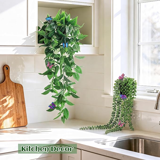 Der Rose 4 Pcs Fake Hanging Plants with Butterflies for Shelf Wall Decor | Artificial Eucalyptus Ivy Vines Faux Potted Hanging Plants Indoor for Bathroom Kitchen Office Wall Shelf Outdoor Decor