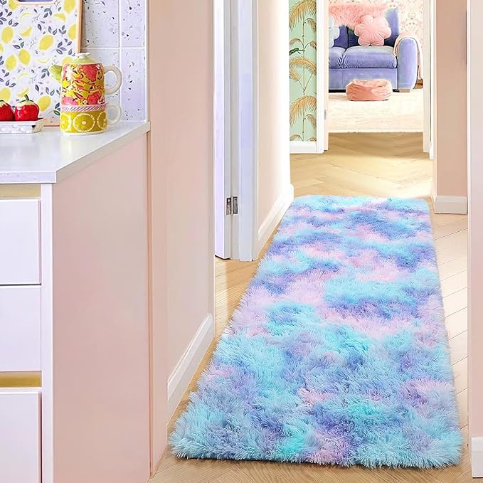 PAGISOFE Adorable Rainbow Runner Rugs for Girls Bedroom Hallway Plush Fluffy Purple Rug 2x6 Ft, Soft Carpet for Kids Room, Non-Slip Indoor Mermaid Rugs for Nursery Kids Girls Room Home Decor Sturdy
