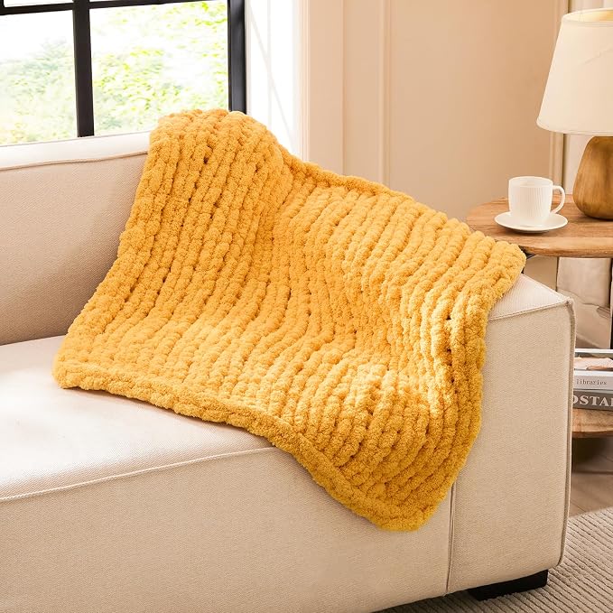 L'AGRATY Chunky Knit Throw Blanket for Couch, 30 x 40 Inches Mustard Yellow | Handmade Chenille Crochet Blanket for Sofa Bed, Thick Cable Knitted Blankets for Room Home Decor, Birthday Gift for Women Mom