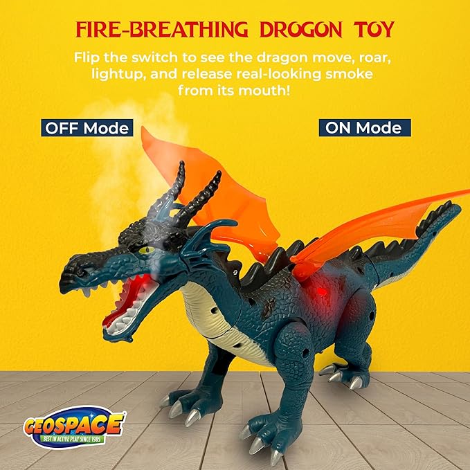 Geospace New Dragon Walking Dinosaur Toy – Smoke Breathing Fire Dragon Toy for Kids 3 & up, Walking Dinosaur Toys with Lights, Roaring Sound, Dragons Action Figure, Dragons for Gift (Blue)