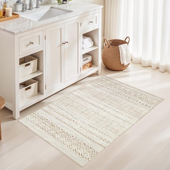 cotiled 3x5 Area Rugs Living Room Rug: Washable Boho Rugs with Non Slip Backing Small Soft Indoor Stain Resistant Carpet for Bedroom Farmhouse Dining Room Lightweight Home Decor Brown/Cream