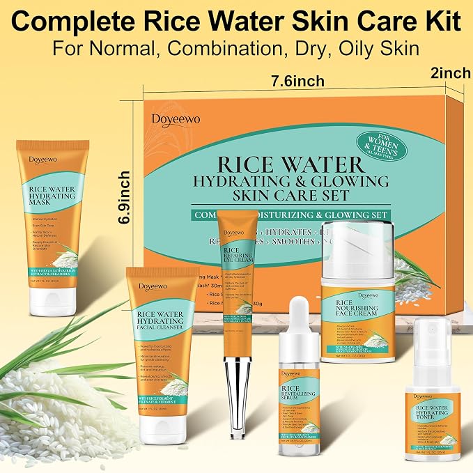 Skin Care Set w/Korean Rice Extract for Hydration,Glow,Repair &Radiant Skin | 6Pcs Women Teen Glass Skincare Routine Kit Self Care Gifts for Women Mom Wife Teenage Girl Valentines Christmas Gifts