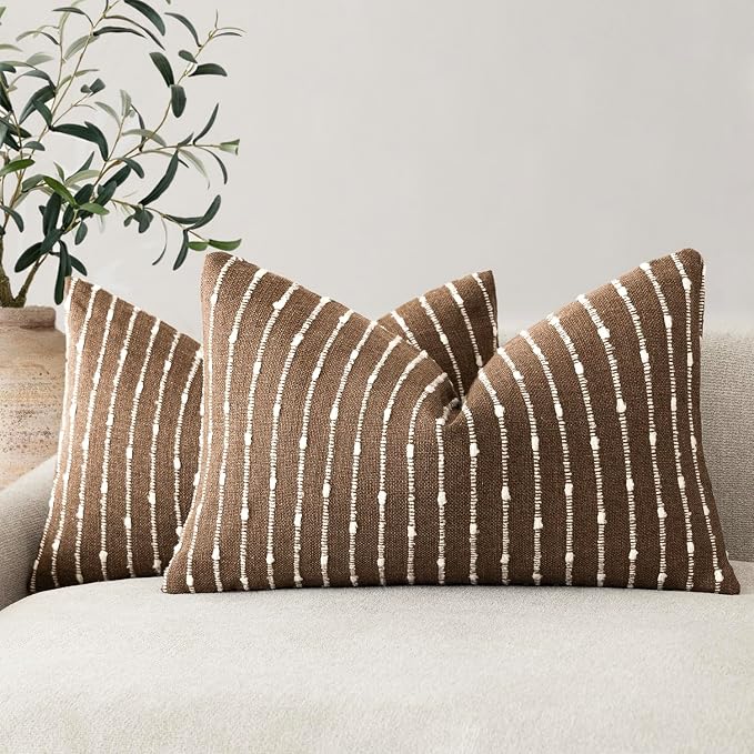 Foindtower Pack of 2 Decorative Jacquard Boucle Lumbar Throw Pillow Covers Accent Textured Striped Pillowcases Cozy Boho Cushion for Couch Sofa Bedroom Living Room Home Decor 12x20 Inch Brown