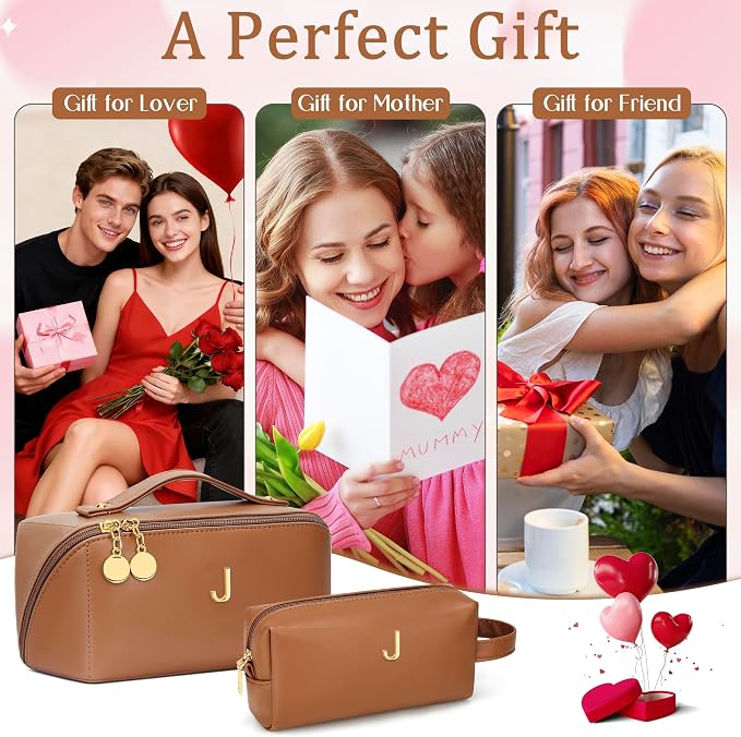 KKXIU Initial Makeup Bag for Women - Personalized Makeup Bag Gifts for Women, Travel Toiletry Bag with PU Leather, Open Flat Design with Top Handle, Cosmetic Bag Set with Multi-Pocket (Brown,J)