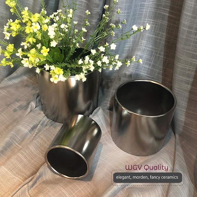 WGVI Silver Ceramic Cylinder Vase Width 5.5" Height 5", Flower Arrangements, Candle Holder, Terrarium Planter Pot, Storage Container Organizer, Pen Brush Holder, Smooth Silver Tabletop Decor, 6 Pc