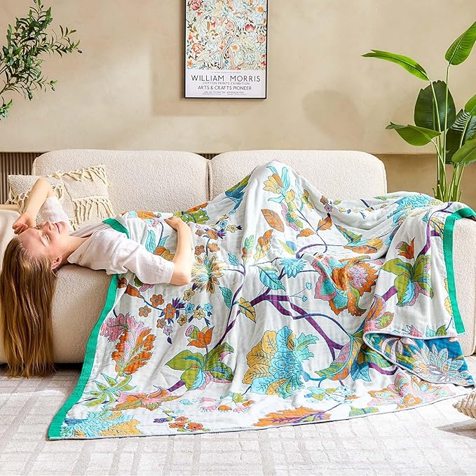 XIBLC Summer Throw Blanket, 60"x80" Reversible Bohemian Flower Blanket, 100% Cotton Muslin Breathable Woven, Farmhouse Decorative Throw Blanket