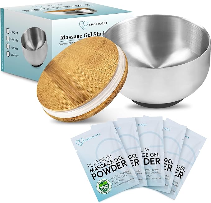 Nuru Massage Gel Powder & Bowl Set | 5 × 5g Platinum Sachets + Stainless Steel Mixing Bowl | Japanese-Made Powder | Vegan | Paraben & Glycerin Free | Makes 84.5 fl oz
