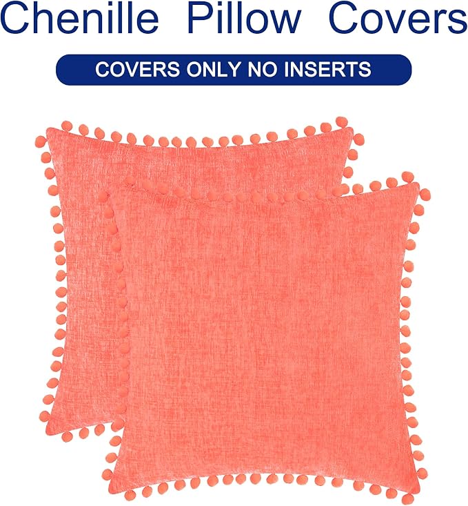 CaliTime Decorative Couch Throw Pillow Covers 18 X 18 Inches Living Coral | Pack of 2, Cozy Chenille Cushion Cases, with Pom Poms for Sofa Bed Living Room Farmhouse Home