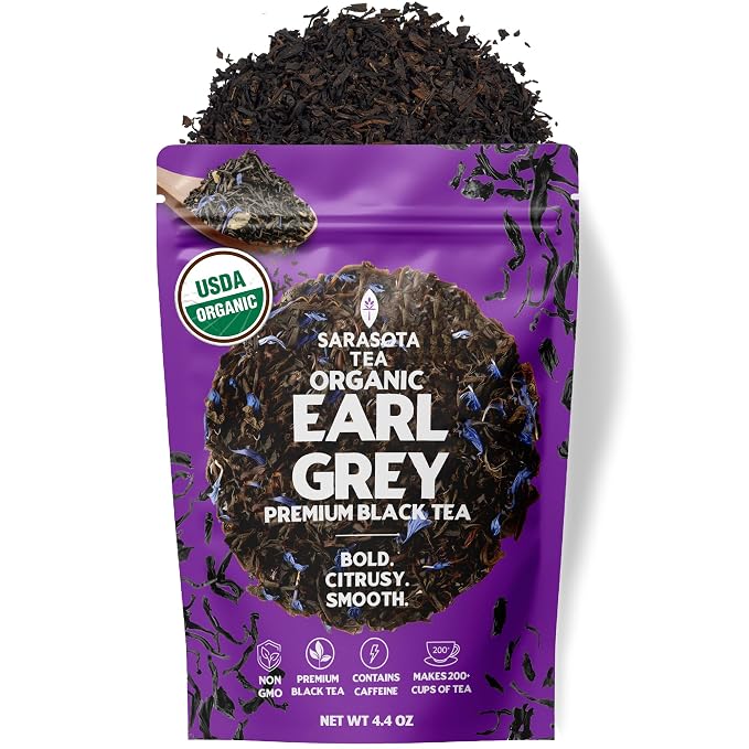 Organic Earl Grey Loose Leaf Tea by Sarasota Tea | Premium Black Tea with Natural Bergamot | Strong & Aromatic | 4.4 oz Bulk Bag | Hot or Iced | Non-GMO