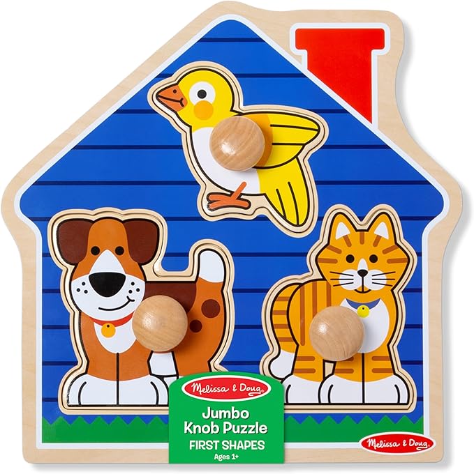 Melissa & Doug Pet Animals Jumbo Knob Puzzle, Wooden Peg Puzzle for Toddlers, Educational Toy for Shape Recognition and Fine Motor Skills, Ages 1+