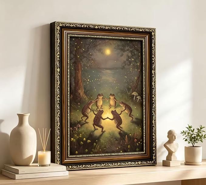 Vintage Gold Framed Celestial Wall Art, Moody Moon and Stars Gothic Painting Canvas Print, Dark Academia Wall Decor,Mystical Celestial Poster Artwork, for Living Room Bedroom Bathroom