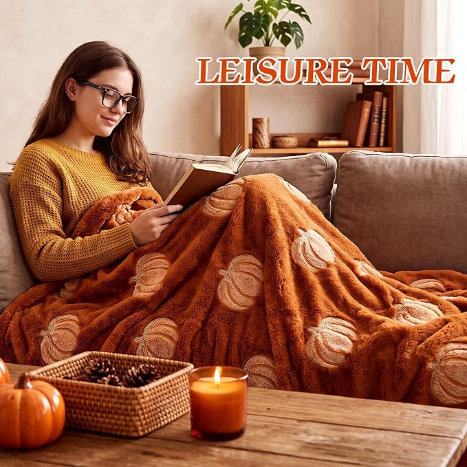 Tegeme Fall Halloween Pumpkin Throw Blanket 50" x 60", 3D Pumpkin Pattern Faux Rabbit Fur Fleece Blanket, Soft Cozy Rust Autumn Throw for Couch Sofa Bed, Thanksgiving Gift for Women Mom(Light Orange)
