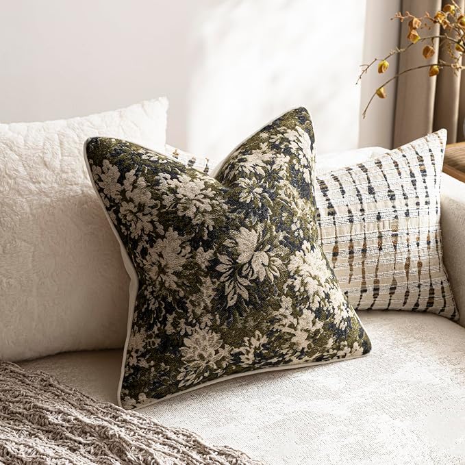 Pack of 2 Vintage Floral Throw Pillow Covers 18x18 Boho Farmhouse Accents Chenille Square Decorative Pillow Cases for Living Room Couch Bed Home Decor, Olive Green