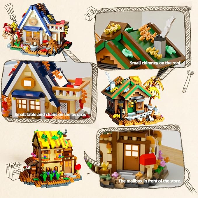 4 Styles Forest Flowers Wood Frame Cabin Mini Micro Building Blocks Set - Exquisite Cottage Construction Toys, Fun DIY Project for Adults & Kids, Premium Gift for Block Enthusiasts
