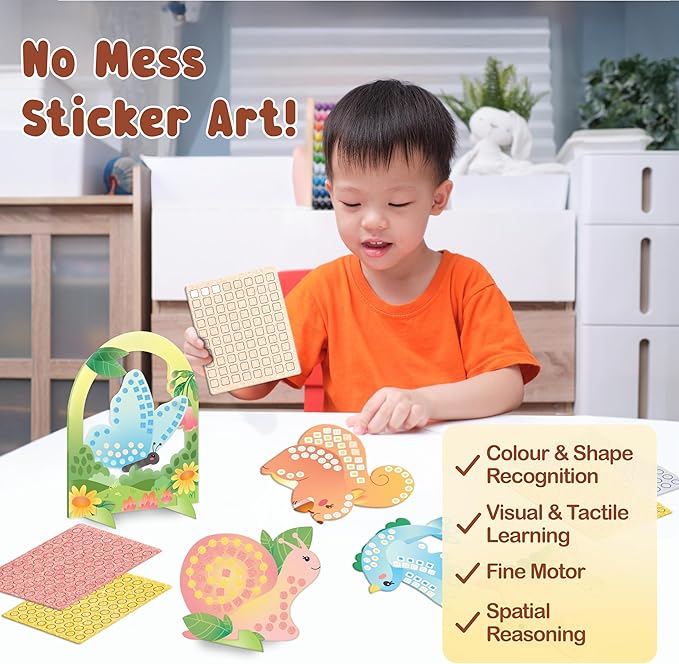 BINCA Foam Sticker Mosaic Art Activity, 750+ 3D Glitter Foam Stickers, 5 Garden Animals with Display Arch, DIY Mess-Free Activities, Felt Craft Kits & Gifts for Boys & Girls Ages 5,6,7,8
