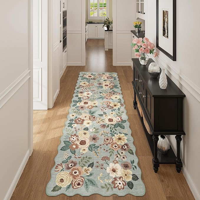 DUKINO 2.6x8 Runner Rug, Floral Washable Kitchens Rug Non Slip, Sage Green | Low Pile, Stain Resistant, Soft Throw Carpet Runner for Hallway, Entryway, Bedroom, Bathroom, Pet Friendly, Modern Home Decor