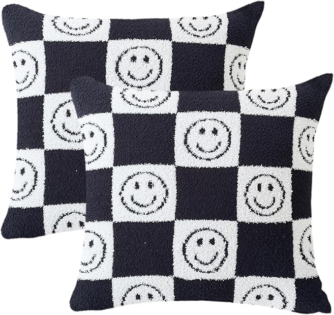 Pack of 2 Ultra Soft Cozy Happy Smiling Face Checkered Knitted Throw Pillow Cover Fluffy Microfiber pillocase Decorative for Sofa Bed 18 Inches Both Sides (Black)