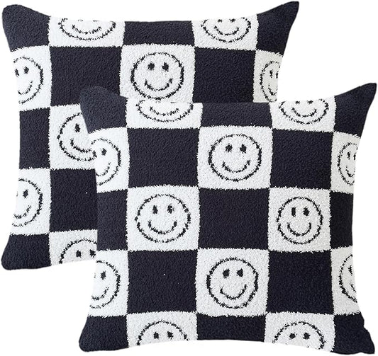 Pack of 2 Ultra Soft Cozy Happy Smiling Face Checkered Knitted Throw Pillow Cover Fluffy Microfiber pillocase Decorative for Sofa Bed 18 Inches Both Sides (Black)