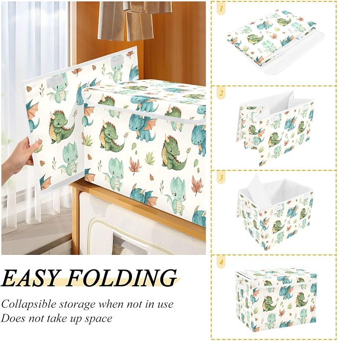 Dragon Watercolor Storage Bins with Lids and Carrying Handle,Foldable Storage Boxes Organizer Containers Baskets Cube with Cover for Home Bedroom Closet Office