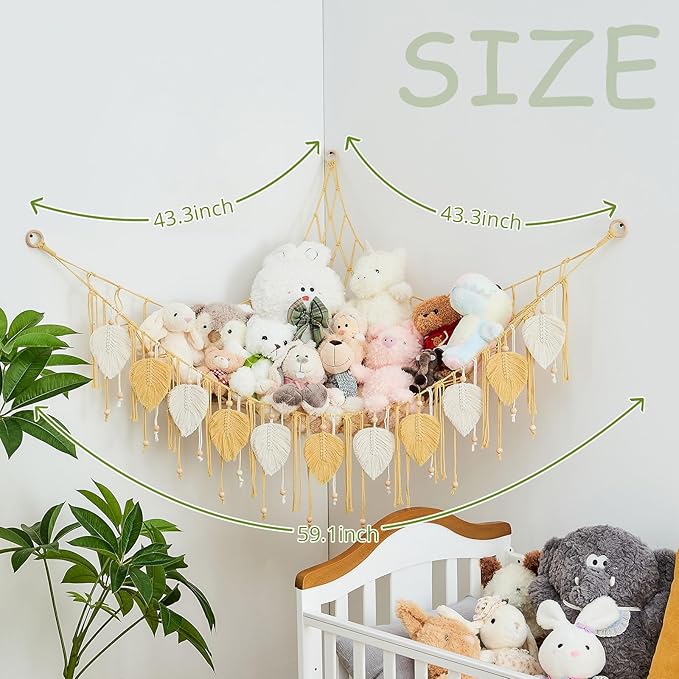 Pretty Jolly Macrame Stuffed Animal Hammock with Beads Hand Woven Leaf Tassels Corner Hanging Net Boho Plush Holder for Kid Room Nursery Decor Easy Install Organizer for Girls Gift(Yellow)